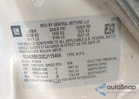 2012 Buick Enclave Convenience from USA, damaged, VIN 5GAKRBED2CJ115494